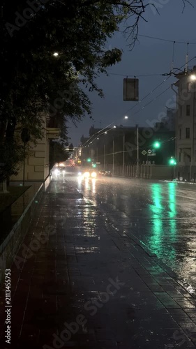 
Night city scene during heavy rain, slow motion raindrops and water streams, reflections of lights on wet asphalt, atmospheric weather and dramatic mood,Vertical 9:16 video: heavy rain at night in th