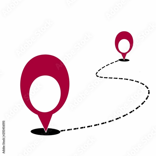Maroon map pin icons connected by a curved dashed black line, on a plain white background.
