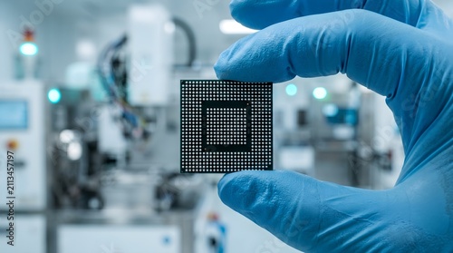 Semiconductor chip held by gloved hand for high tech manufacturing presentation background