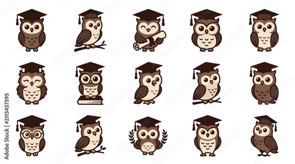 Naklejka premium Wise owl graduate character with academic accessories.