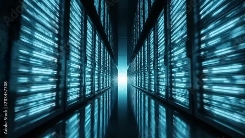 Data center corridor illuminates with a bright blue glow reflecting off endless rows of server cabinets.