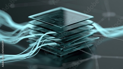 Stacked translucent geometric layers with flowing light lines and network connections
