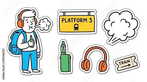 Commuter lifestyle sticker collection with platform sign, headphones, vape, thought bubble, and train ticket for creative design on white background