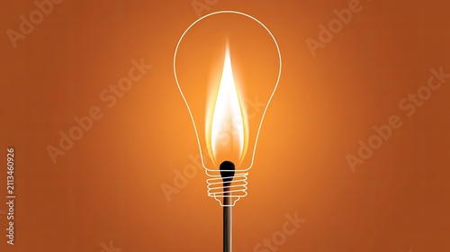 A lit match ignites a glowing filament within a stylized lightbulb outline