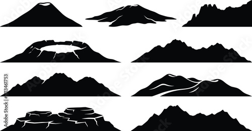 Obraz na płótnie Volcano and mountain ridge silhouette vector shapes and geological landform hori