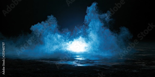 Ethereal blue smoke billows from a bright light source, illuminating a dark, wet surface