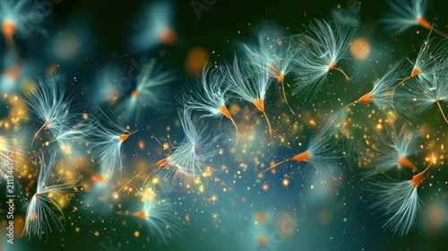 Delicate seeds float on a bokeh background with glowing particles