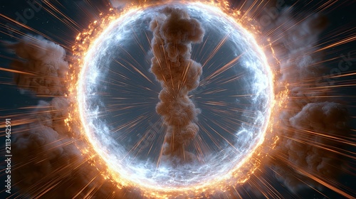 Fiery orb explodes with intense light and dark smoke, radiating energy outward