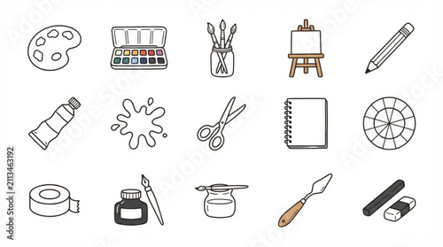 Hand drawn fine art and painting craft elements vector doodle set on white background