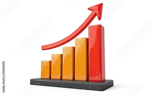3D bar chart showing upward trend with red arrow on white background