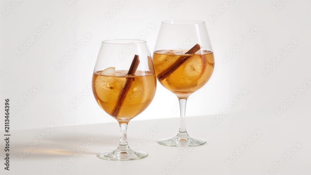 Fototapeta premium Two glasses of iced tea with lemon and cinnamon sticks on a white background. Refreshing beverage, summer drink, and cool drink.