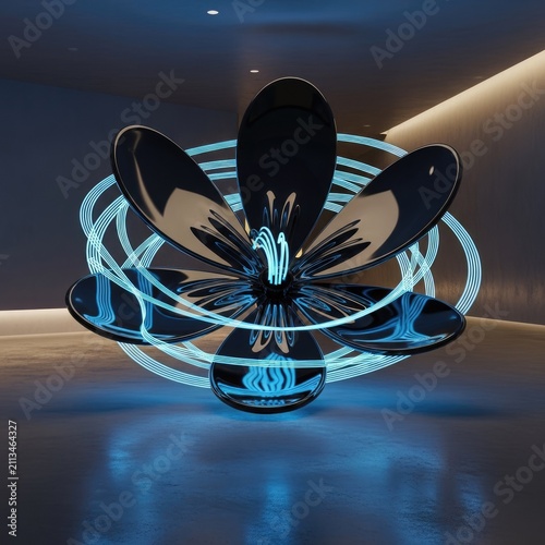 Abstract black flower sculpture with neon blue light rings.