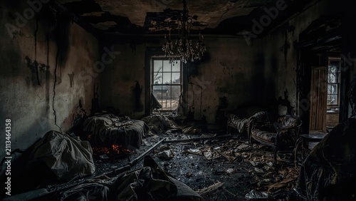 Abandoned and burned interior of a room with damaged walls, charred furniture, and broken windows, suggesting fire damage and neglect.
