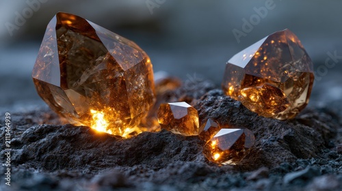 Luminous amber crystals glowing with inner light rest on rough, dark stone