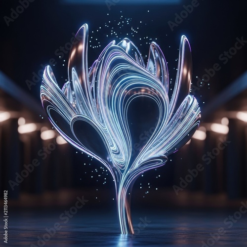 Abstract glowing blue fiber optic glass flower sculpture.