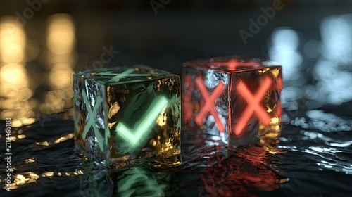 Illuminated dice, one green checkmark, one red cross, in water