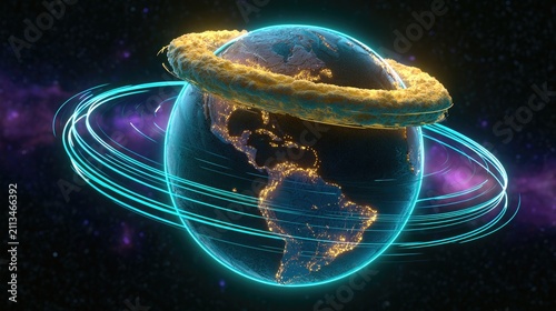 Futuristic Earth with glowing rings and cosmic nebula background