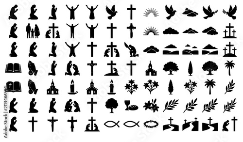 Fotografie Christian Worship Prayer and Cross Silhouette Flat Vector Illustration Collectio