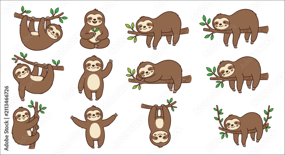 Fototapeta premium Collection of cartoon sloths in various poses a vector illustration on a white background sloth