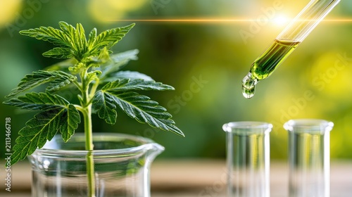 Green plant extract drips into test tubes with sunlit background