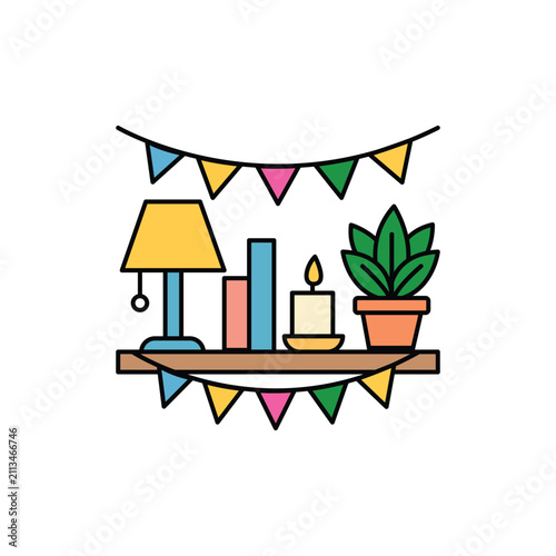Bookshelf with Decorative Items and Festive Bunting Flag Icon