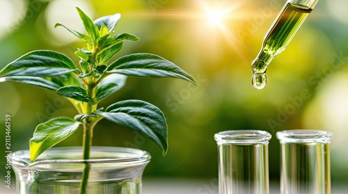 Droplet of green liquid falls onto plant in scientific research setting