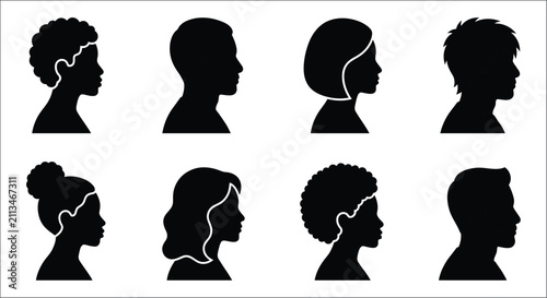 Fotografie Human head silhouettes a collection of black profiles on a white background silh