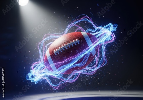 American football exploding with blue neon energy streaks.