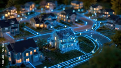 Illuminated neighborhood houses connected by glowing digital network pathways