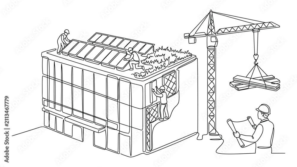 Fototapeta premium Line art illustration of workers building a modern eco friendly office structure with solar panels.