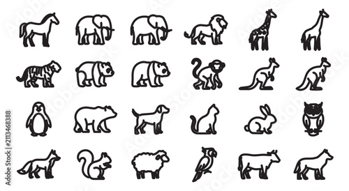 Canvas Print Set of 24 Outline Black and White Animal Icons Vector