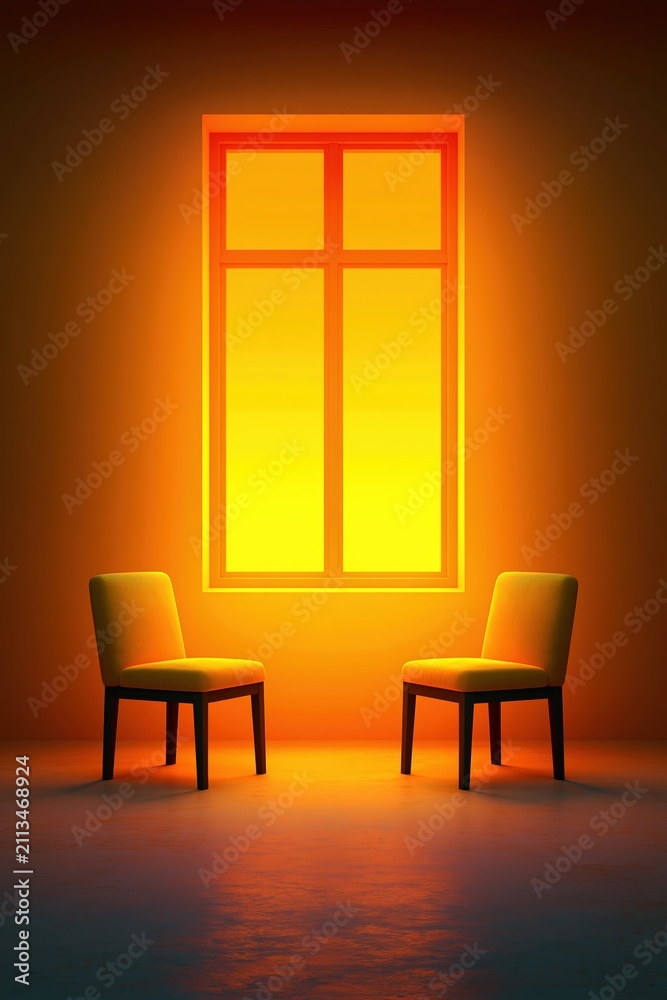 Fototapeta premium Two chairs facing each other in a serene room with bright window light