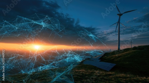 Futuristic energy grid merges with natural landscape at sunset