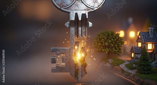 Antique iron key near miniature illuminated residential village at night.