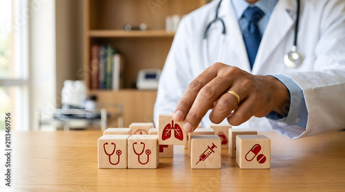 Doctor's hand arranging cubes with healthcare icons on table.