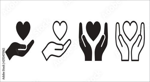 Obraz na płótnie Hands holding heart shapes black and white line icons with filled silhouettes al