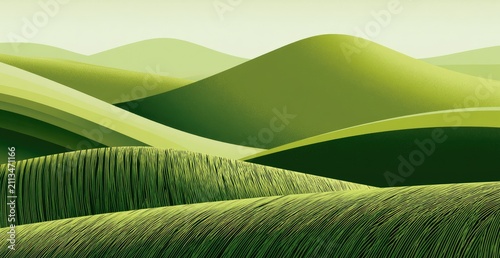 Rolling green hills with textured fields, bathed in soft, ambient light