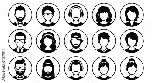 Принти на полотні Collection of black silhouette headshots within circles depicting diverse people