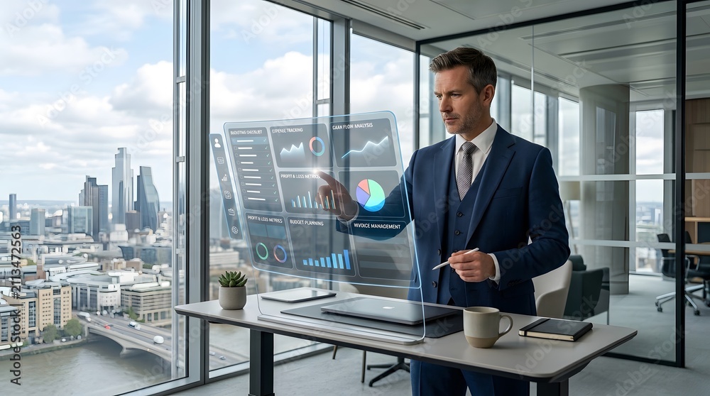 Fototapeta premium Businessman Reviewing Financial Data on a Holographic Screen in an Office with a City View Featuring Professional, Analysis