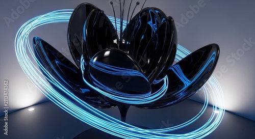 Black metallic flower with glowing blue energy rings.