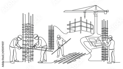 Continuous line drawing of construction workers and industrial machinery.