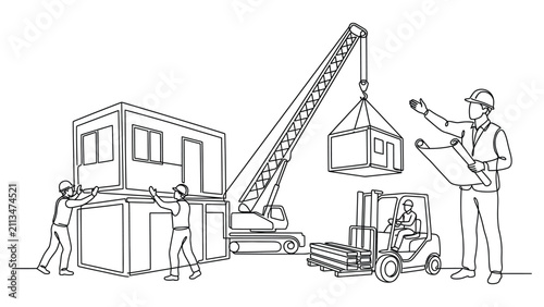 Line art illustration of modular building construction process.