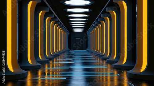 Futuristic, illuminated hallway with glowing orange pillars and reflective floor