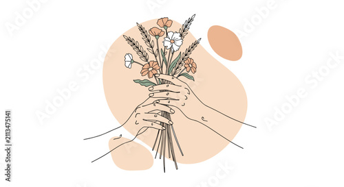 Two human hands holding a beautiful bouquet of wild flowers and wheat ears against a soft pastel geometric background.