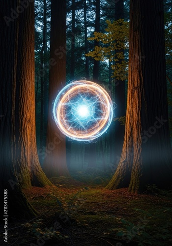 Blue energy orb hovering between tall forest trees.