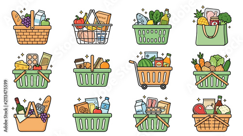 Grocery shopping basket and fresh food icon collection.