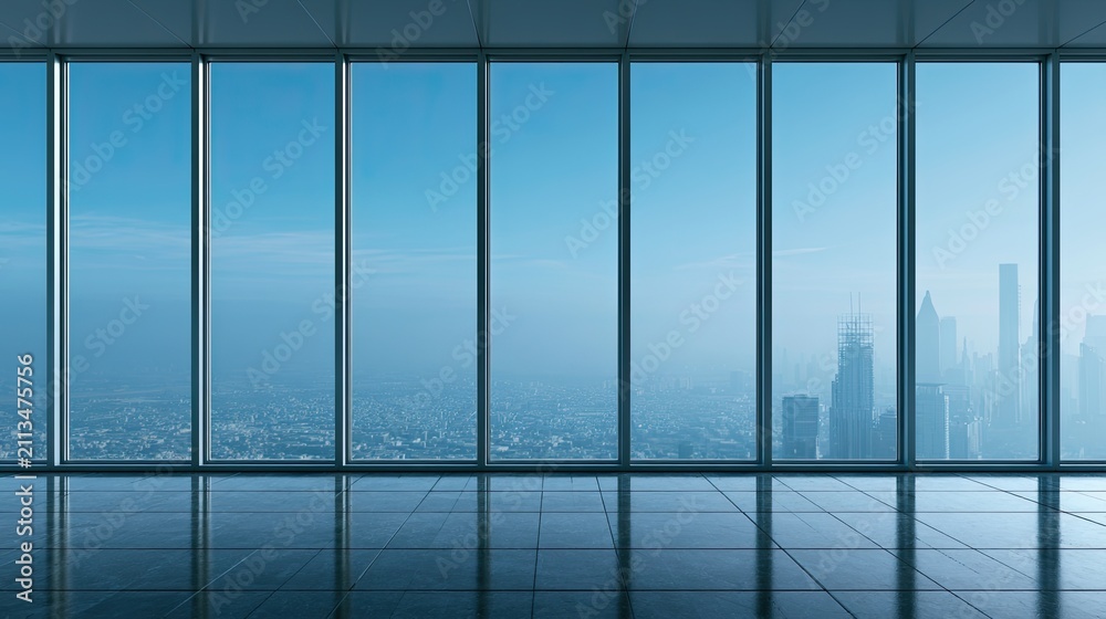 Fototapeta premium Expansive modern office interior with floor-to-ceiling windows overlooking a hazy cityscape