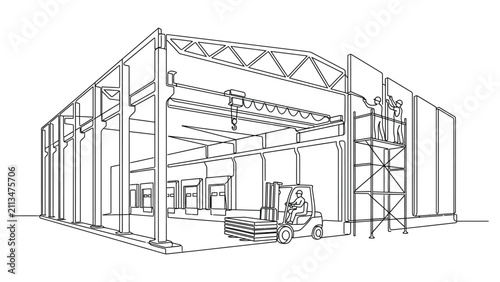 Architectural sketch of a modern warehouse construction site with a forklift.