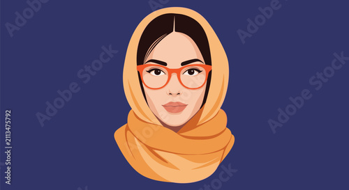 Beautiful young Muslim woman portrait wearing an orange hijab and glasses against a dark blue background.