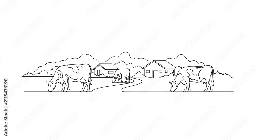 Fototapeta premium Minimal continuous line drawing of dairy cows grazing on a farm with a country road and houses in the background.